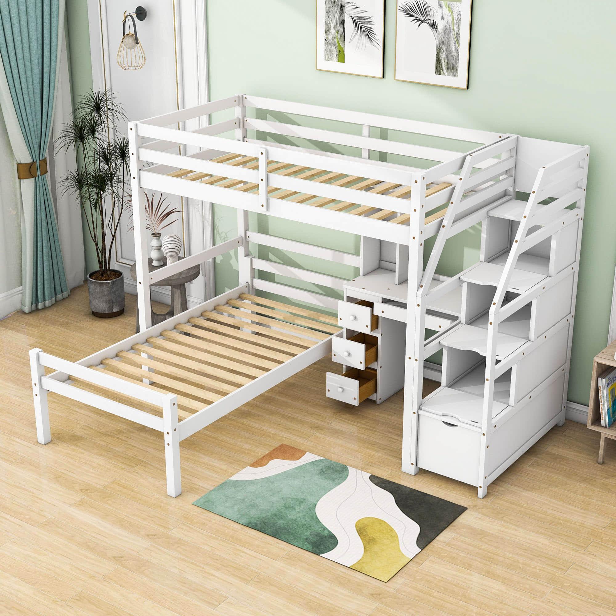 Twin Over Twin Bunk Beds with Desk and Storage Stairs - [Drawers, Shelves, L-Shaped]