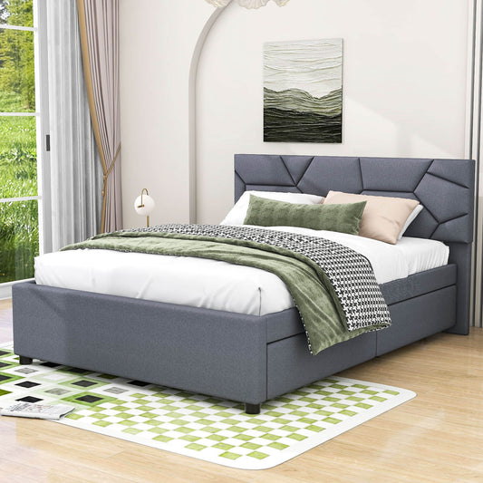 Queen Platform Upholstered Bed Frame with Headboard, Twin XL Trundle Bed