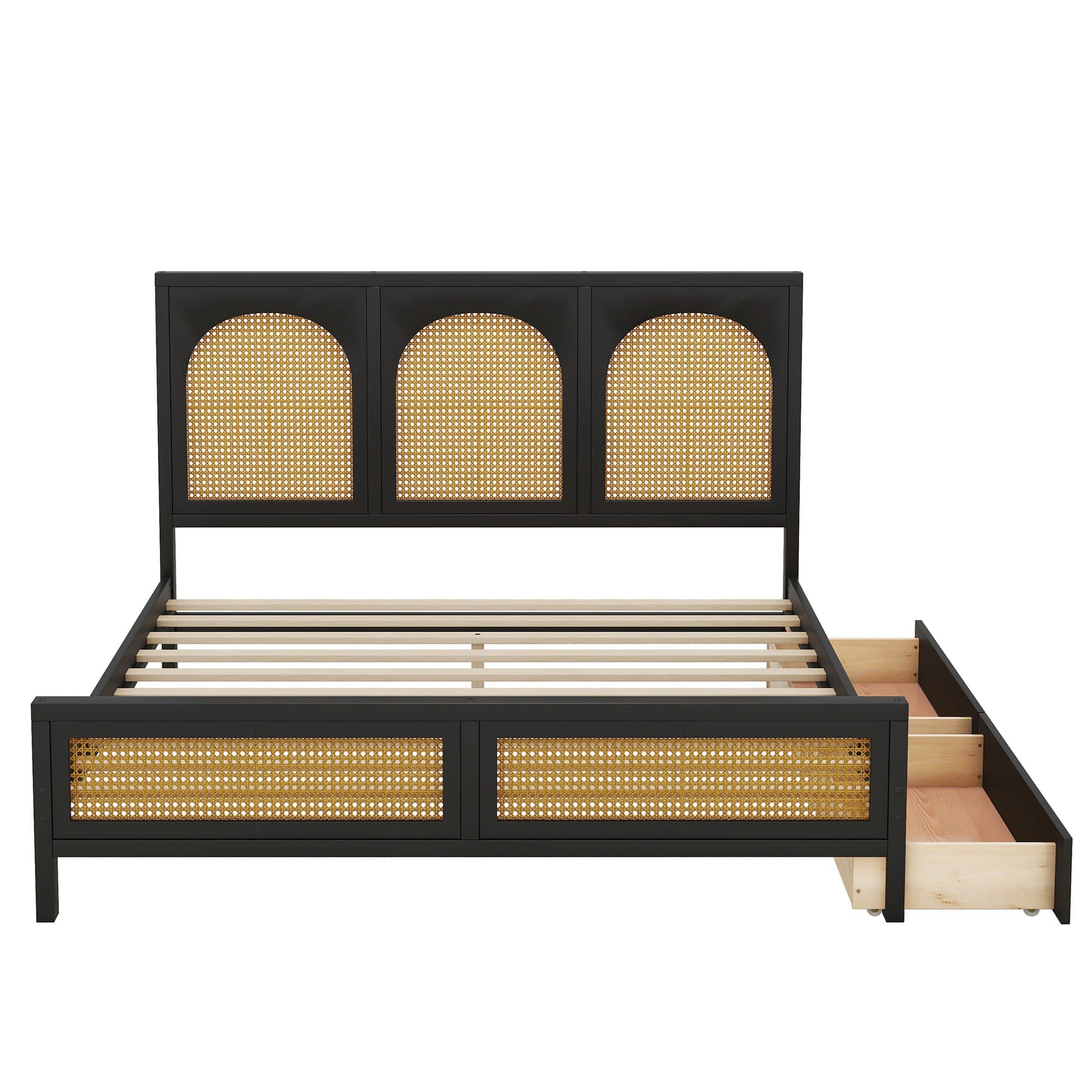 Queen Size Wood Platform Bed with Storage and Rattan Headboard