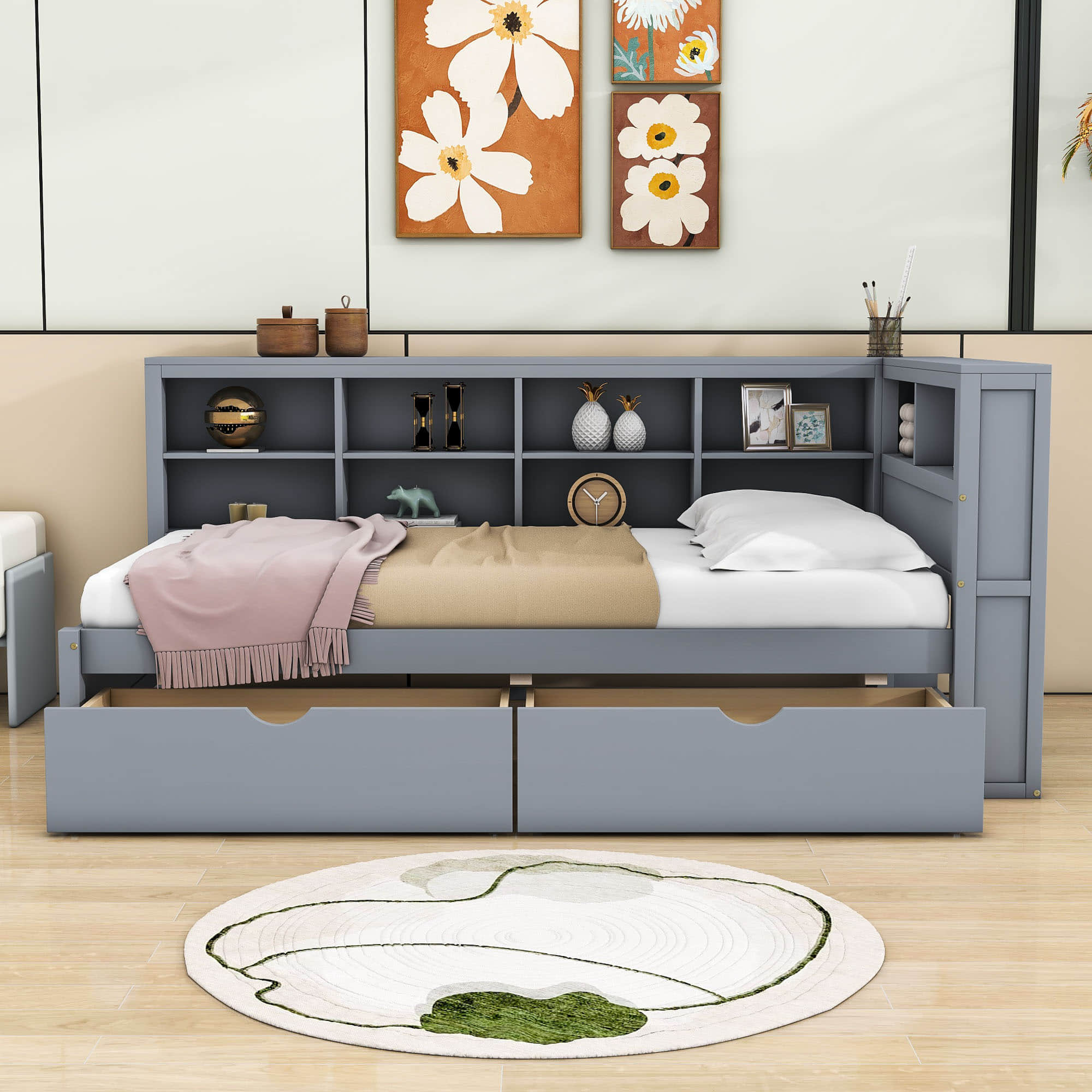 Modern Smart Kids Twin Size Daybed with Storage Drawers and Shelf