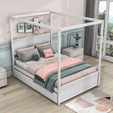 Full Size Wood Canopy Bed Frame with Twin Trundle Bed and Storage