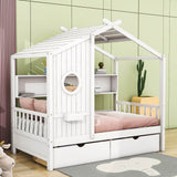 Kids Wooden Twin Size House Bed with Storage Drawers, Shelves