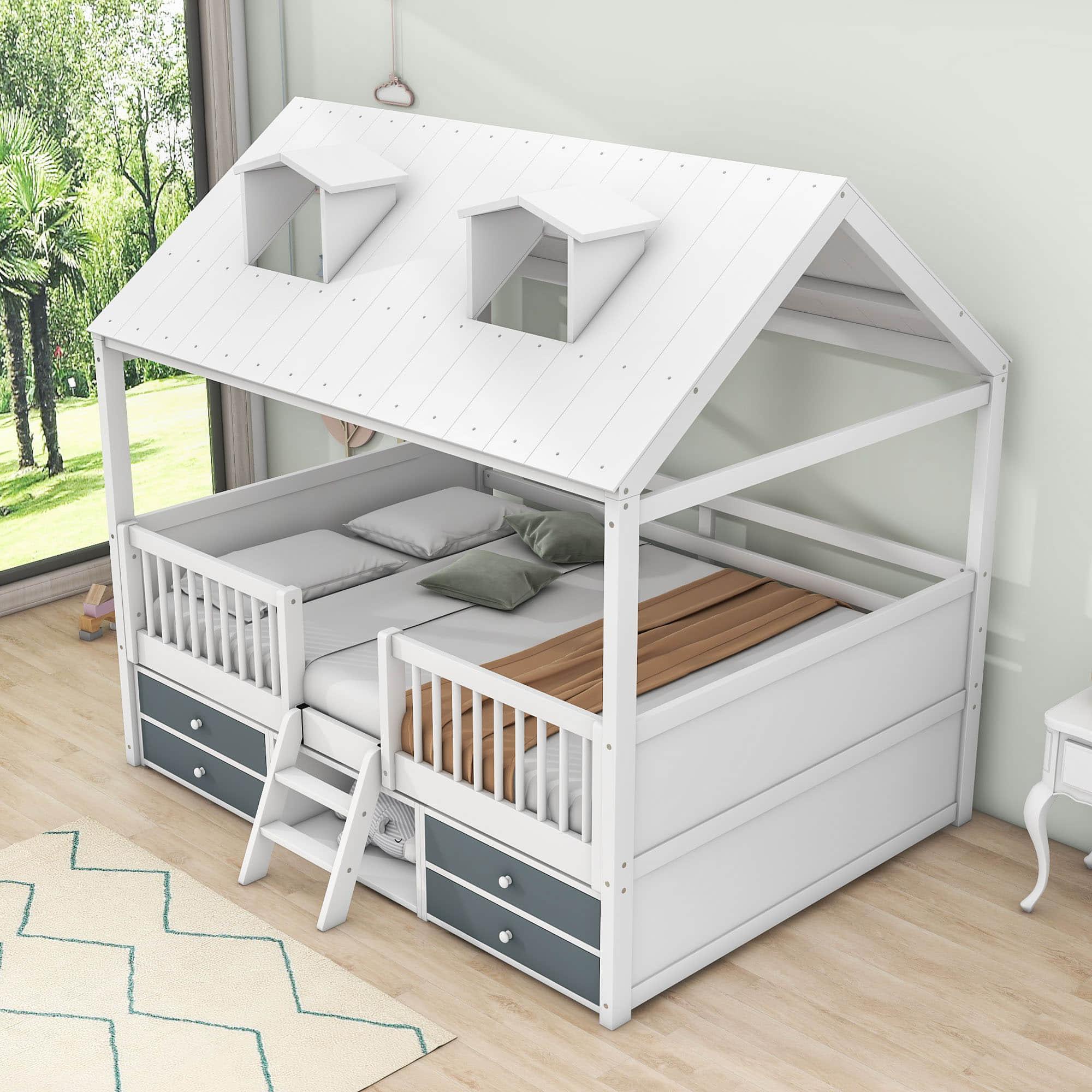 Low Full Size Loft House Bed with Storage for Kids, Toddler - [Wooden]