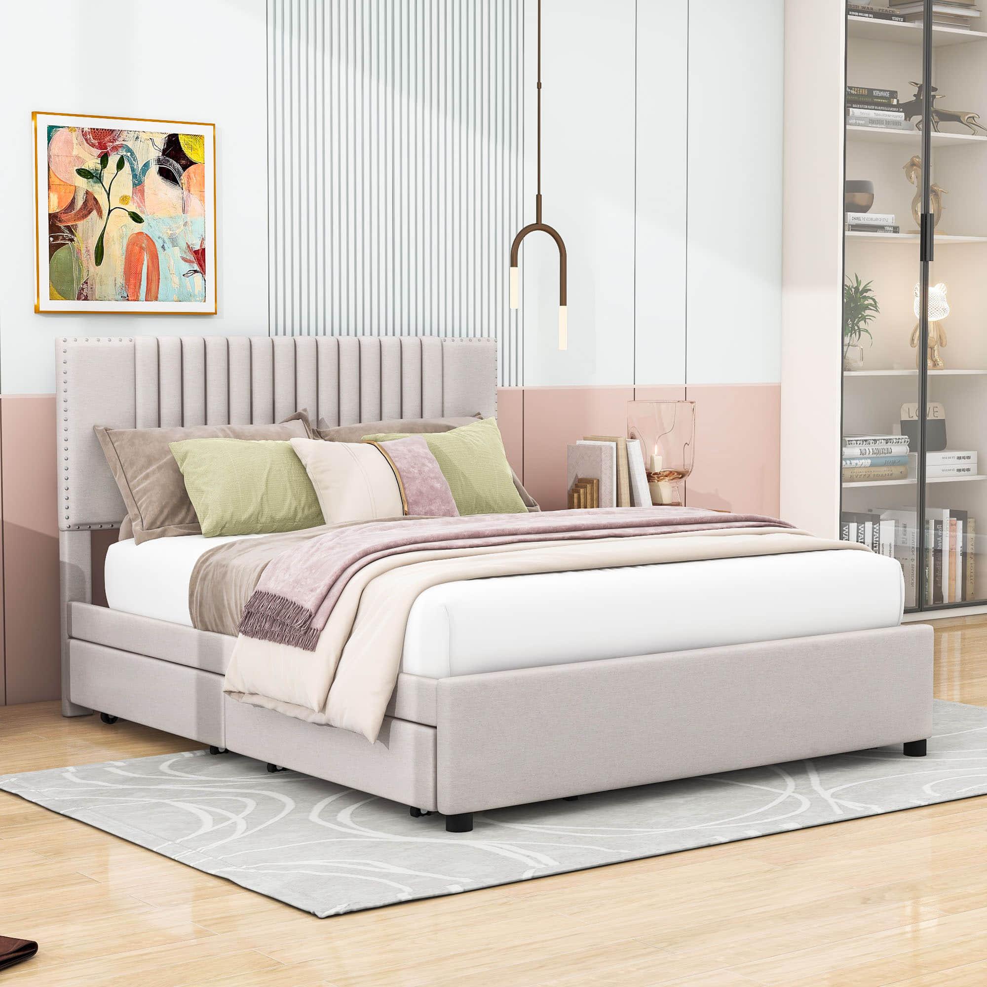 Upholstered Full Size Platform Bed Frame with Storage and Twin Trundle - [Drawers, Headboard]