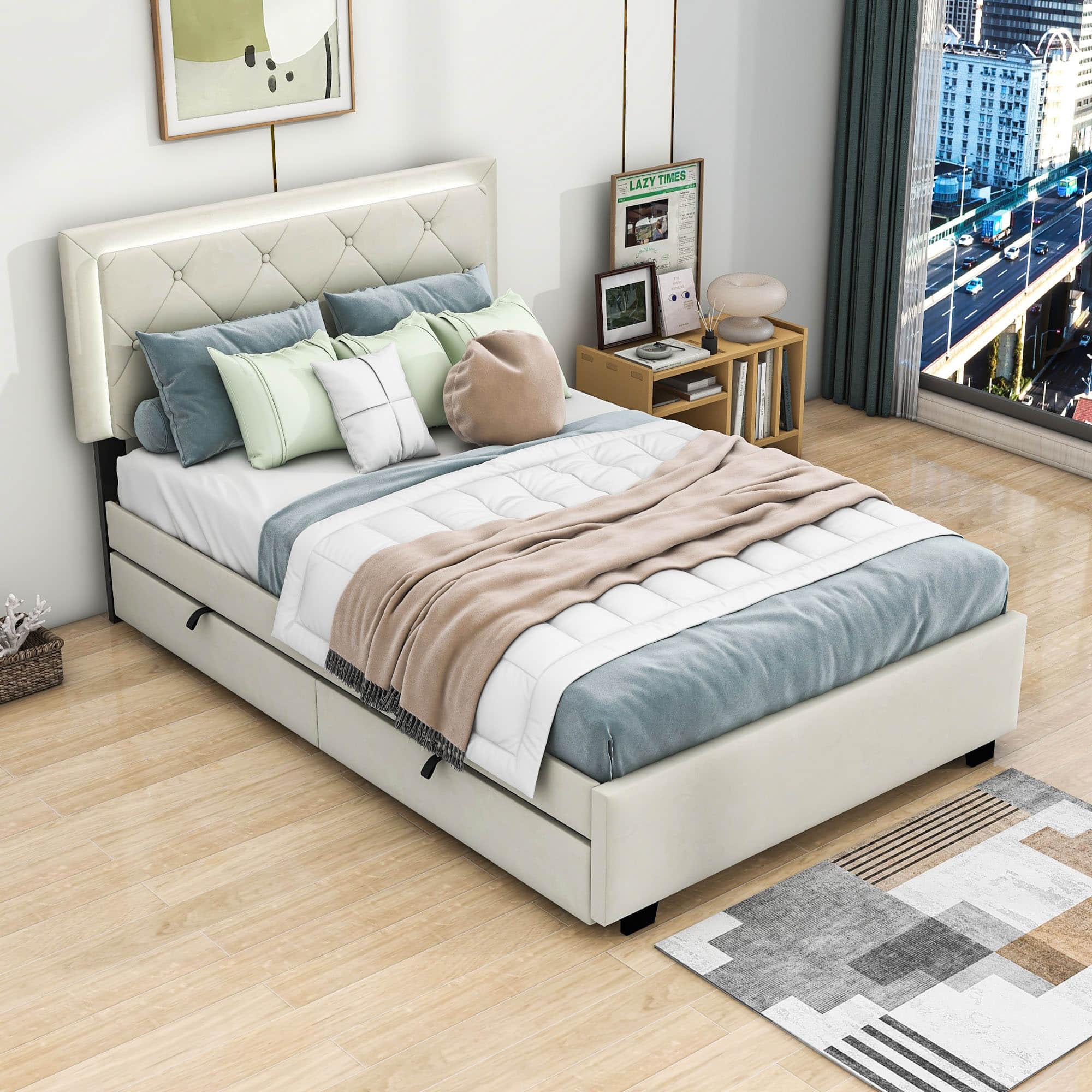 Full Velvet Upholstered Platform Bed Frame with Twin Trundle and Storage