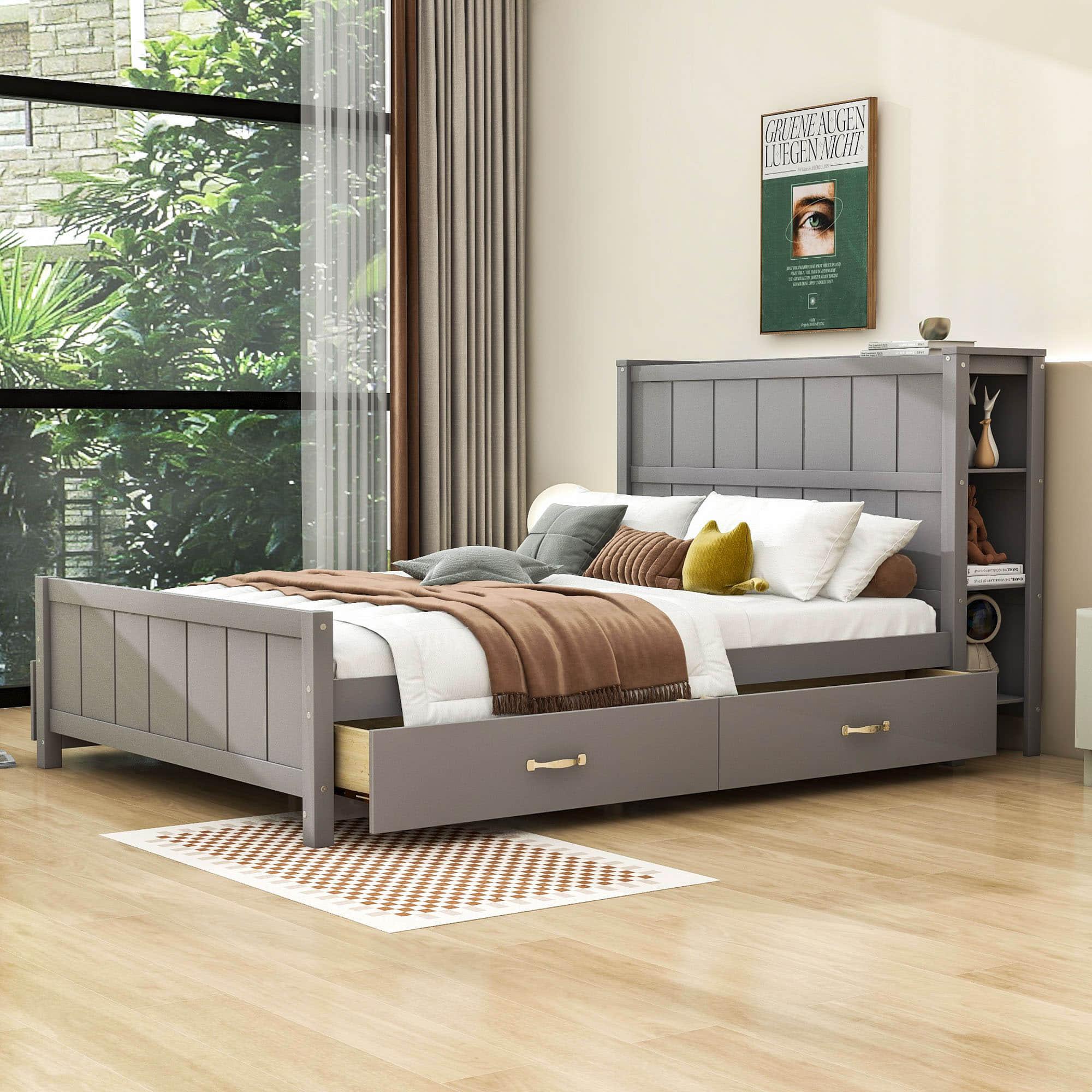 Wooden Full Size Platform Bed with Headboard and Storage - [Drawers, Shelves]