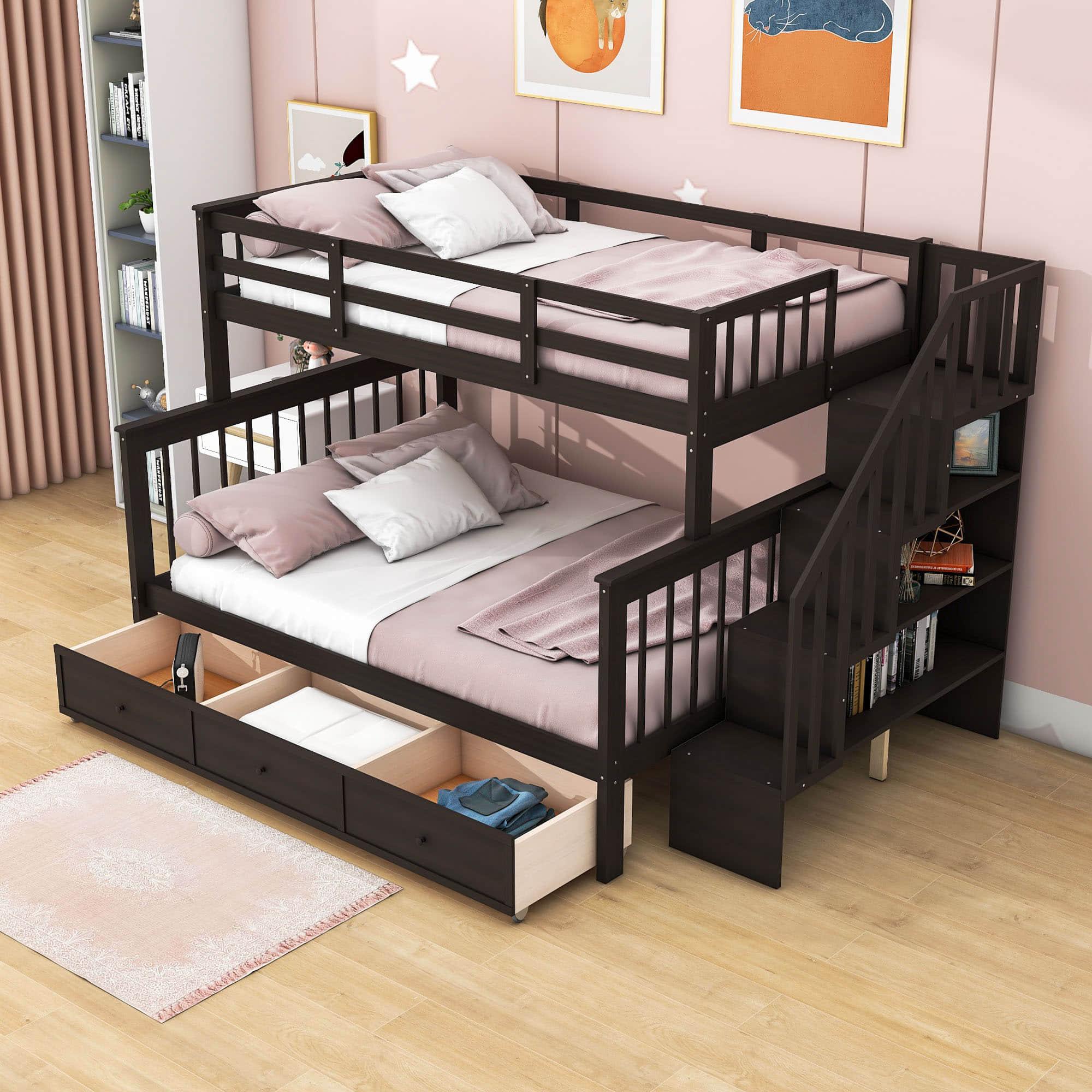 Twin Over Full Bunk Beds with Stairs and Storage Drawers, Shelves - [Convertible]