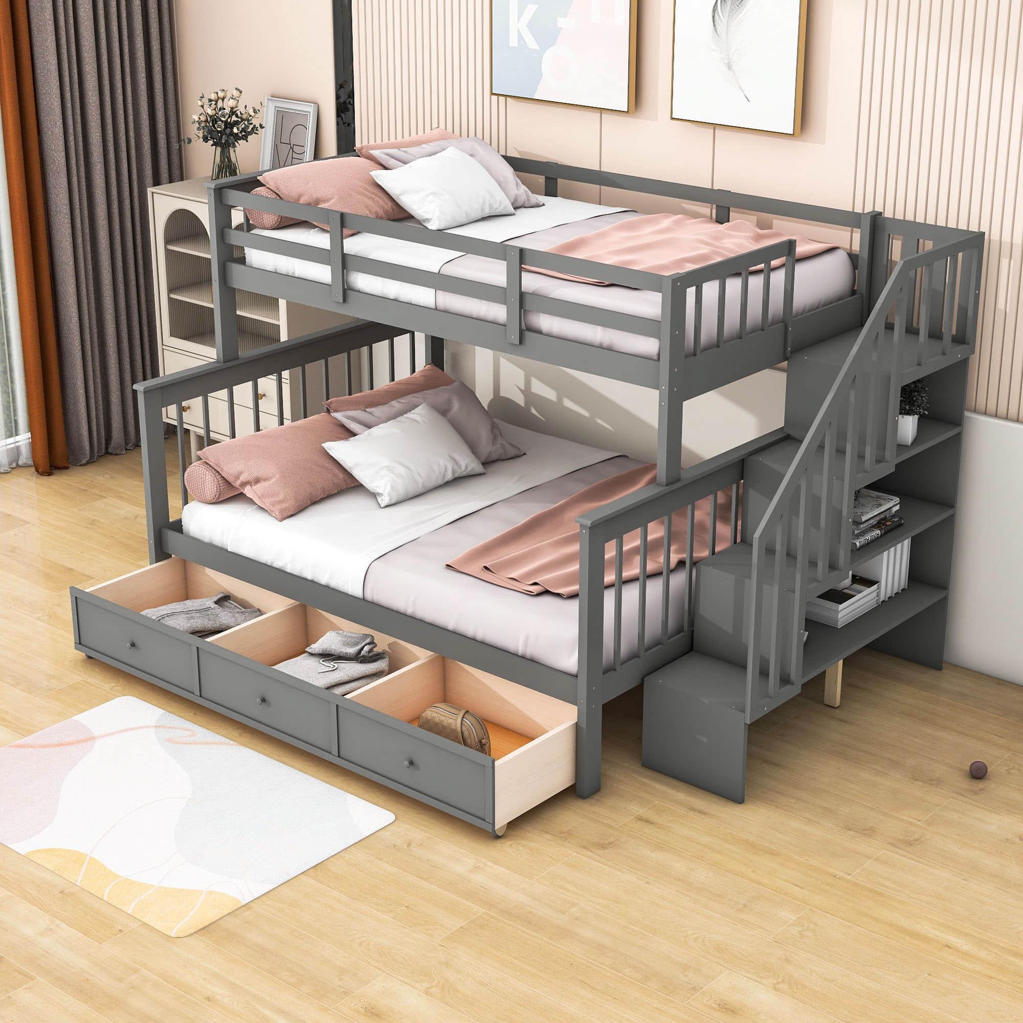 Twin Over Full Bunk Beds with Stairs and Storage Drawers, Shelves - [Convertible]