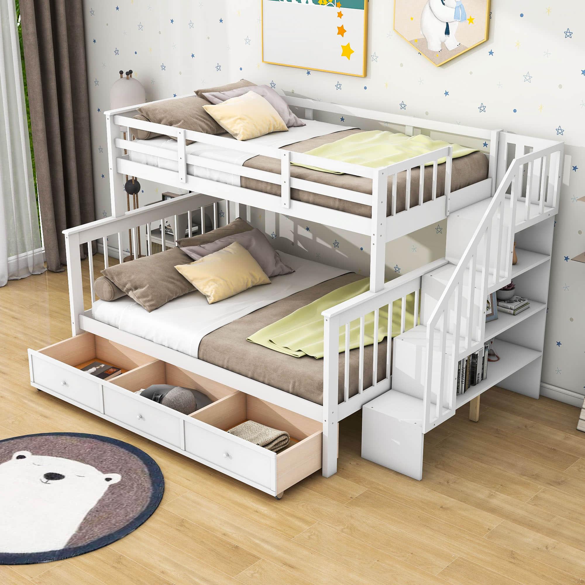 Twin Over Full Bunk Beds with Stairs and Storage Drawers, Shelves - [Convertible]