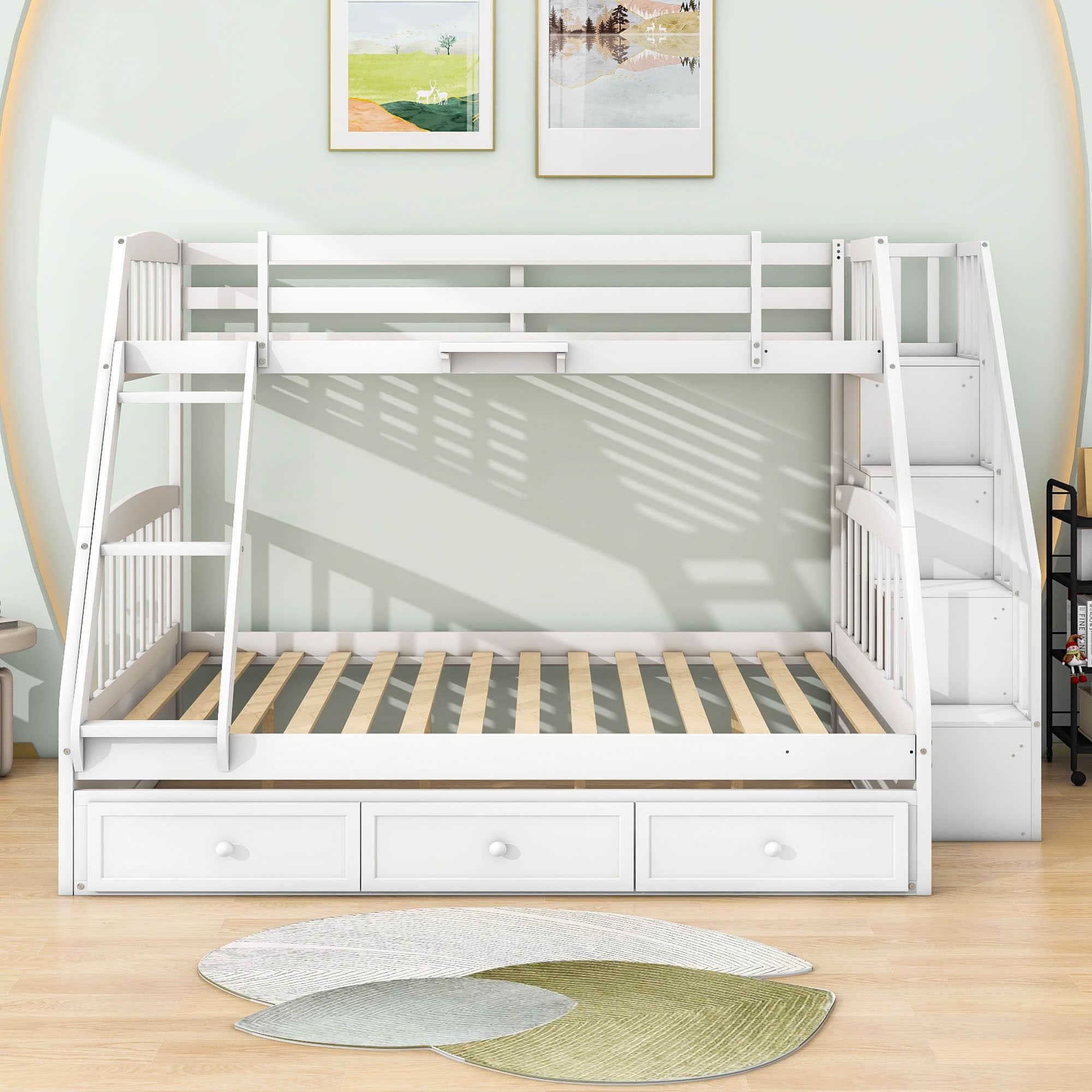 Twin Over Full Bunk Beds with Stairs and Storage Drawers - [Wooden, Convertible]