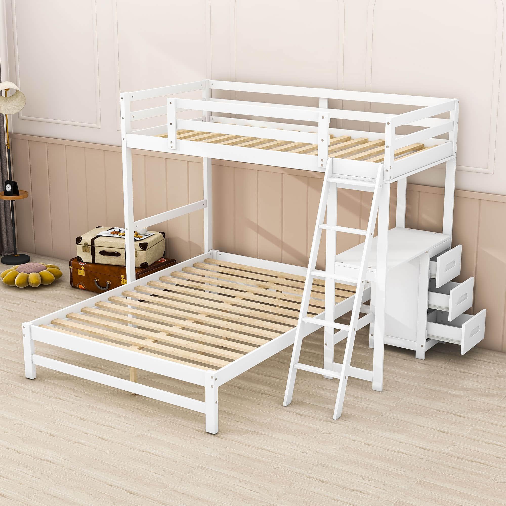 Twin Over Full Bunk Beds with Desk and Storage Drawers - [Wooden, Detachable, L-Shaped]