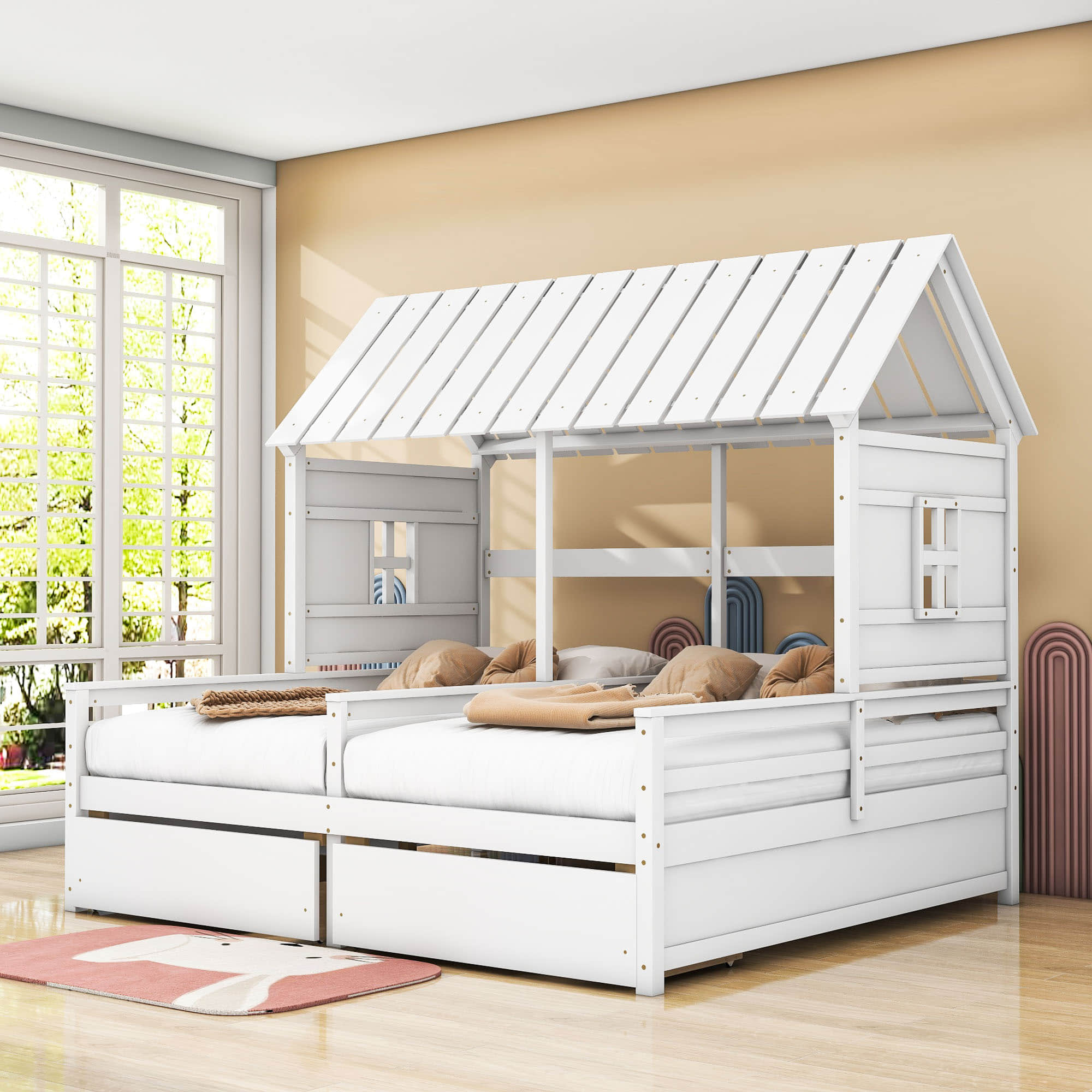 Wooden Double Twin Size House Platform Beds with Storage for 2 Kids