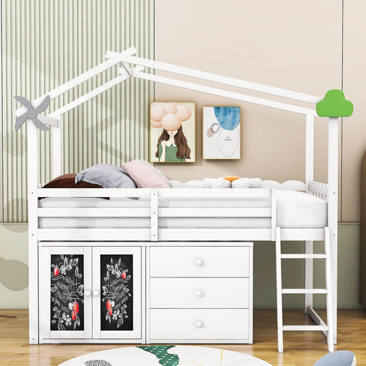 Twin Size Low House Loft Bed with Storage for Kids - [Cabinet, Drawers]