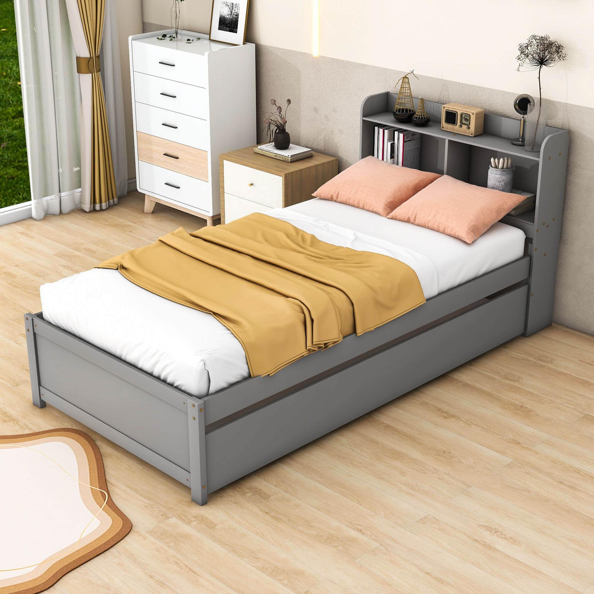 Wooden Twin Platform Bed with Twin Trundle Bed and Storage Headboard - [Shelves]