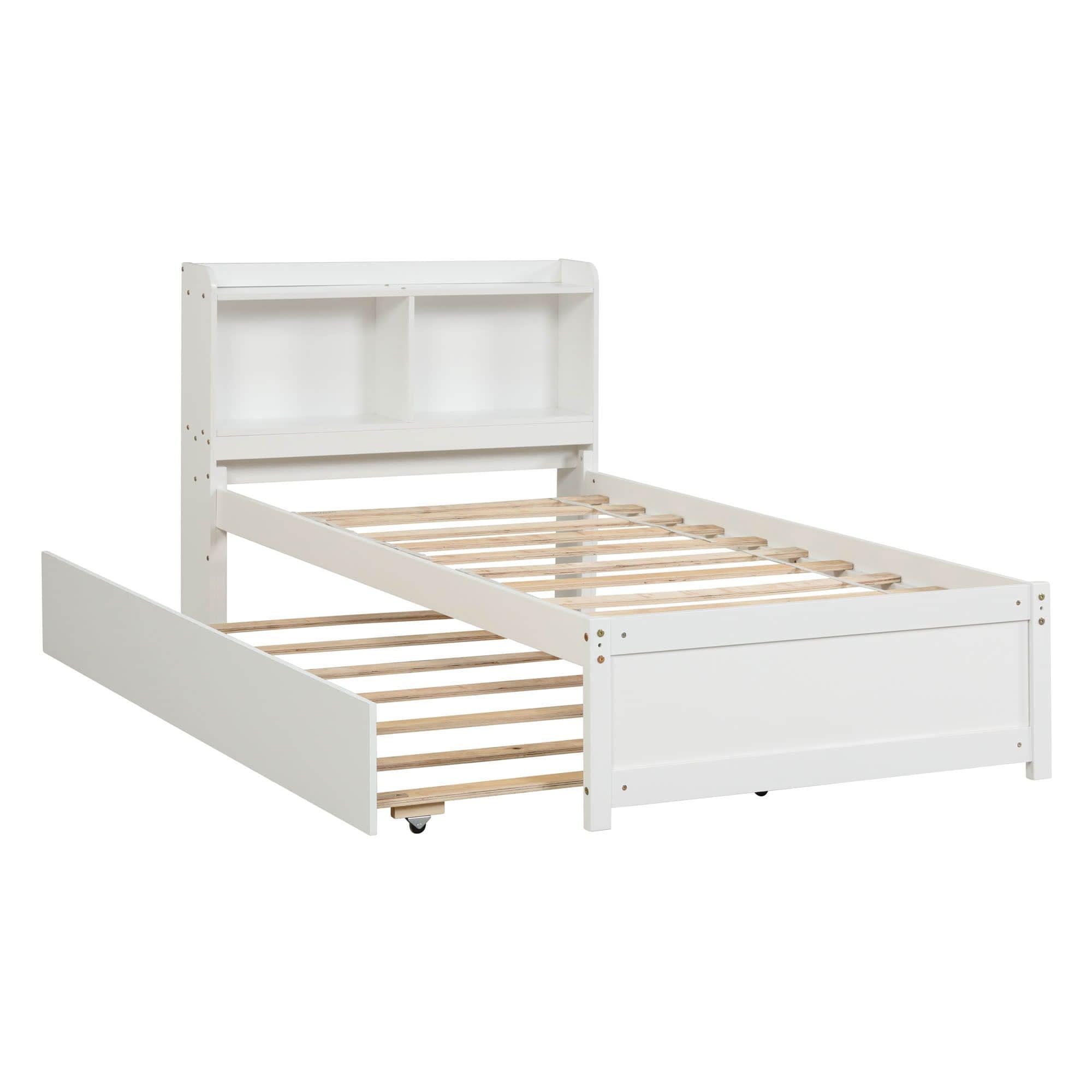 Wooden Twin Platform Bed with Twin Trundle Bed and Storage Headboard - [Shelves]