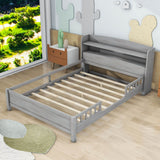 Wood Full Low Kids Platform Bed Frame with Rails and Storage Headboard