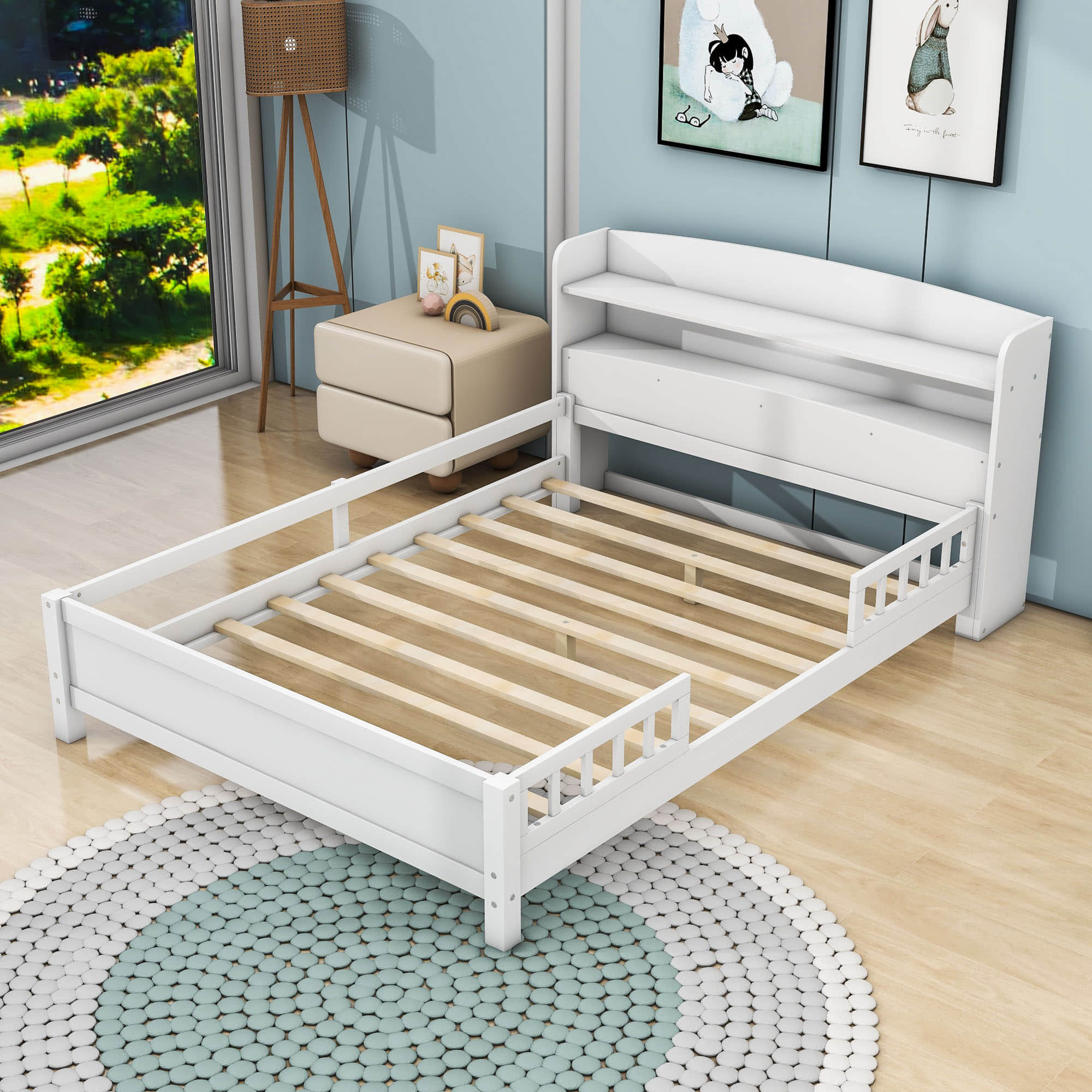 Wood Full Low Kids Platform Bed Frame with Rails and Storage Headboard