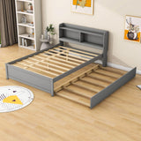 Wooden Full Size Platform Bed with Twin Trundle Bed and Storage Headboard - [Shelves]