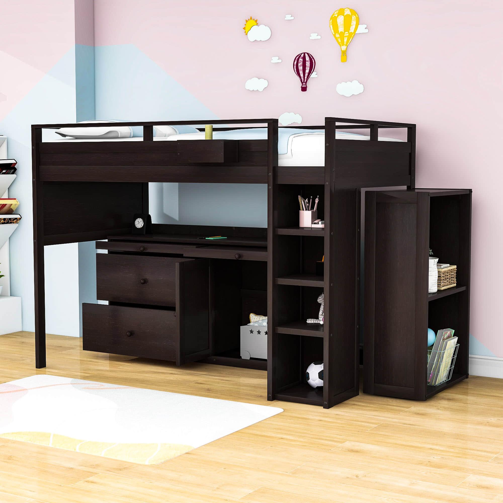 Twin Loft Bed with Desk and Storage for Kids, Teens - [Wooden]