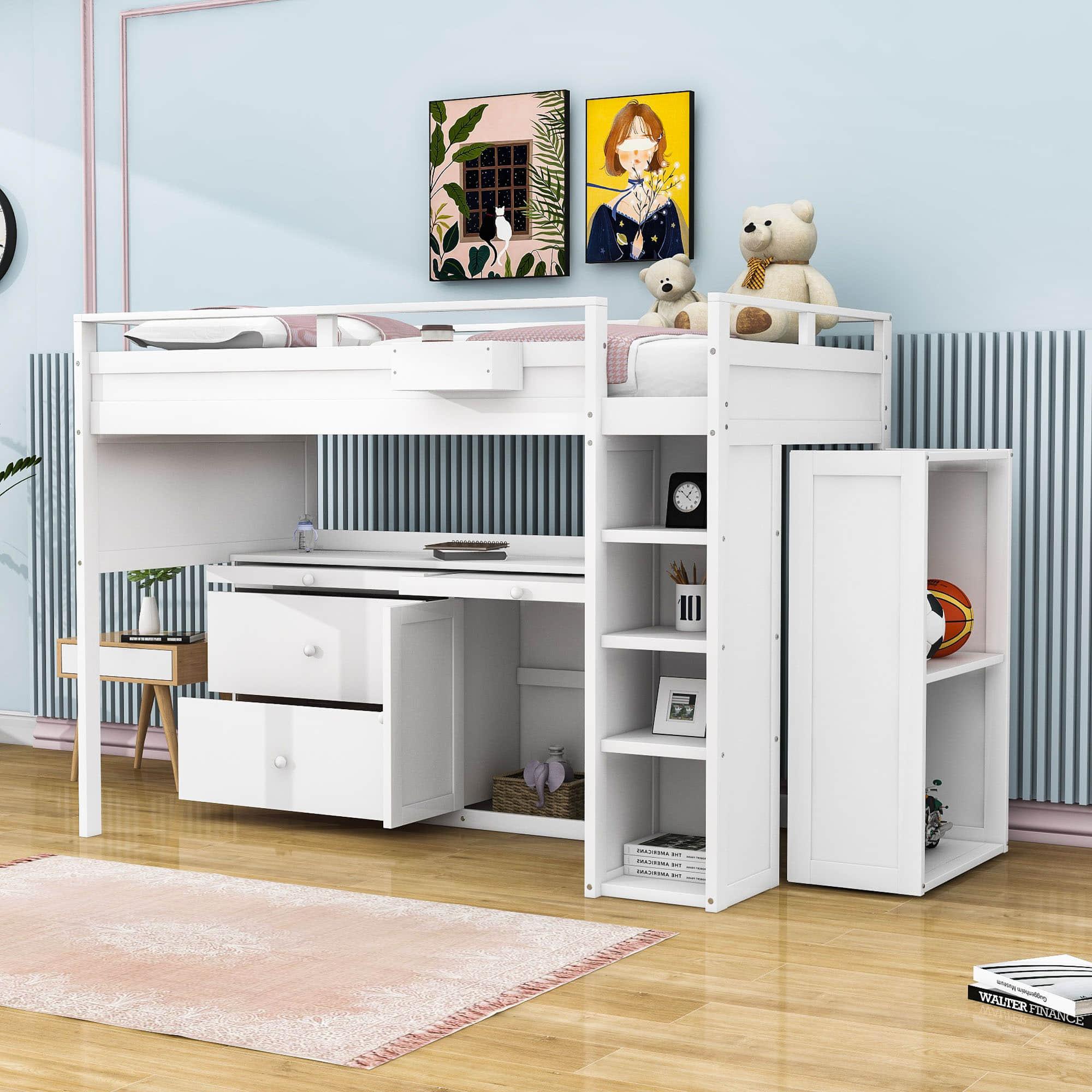 Twin Loft Bed with Desk and Storage for Kids, Teens - [Wooden]