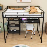 Full Size Metal Loft Bed with Desk and Storage Shelves for Adults, Kids