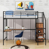 Twin Size Metal Loft Bed with Desk and Stairs, Storage Wardrobe