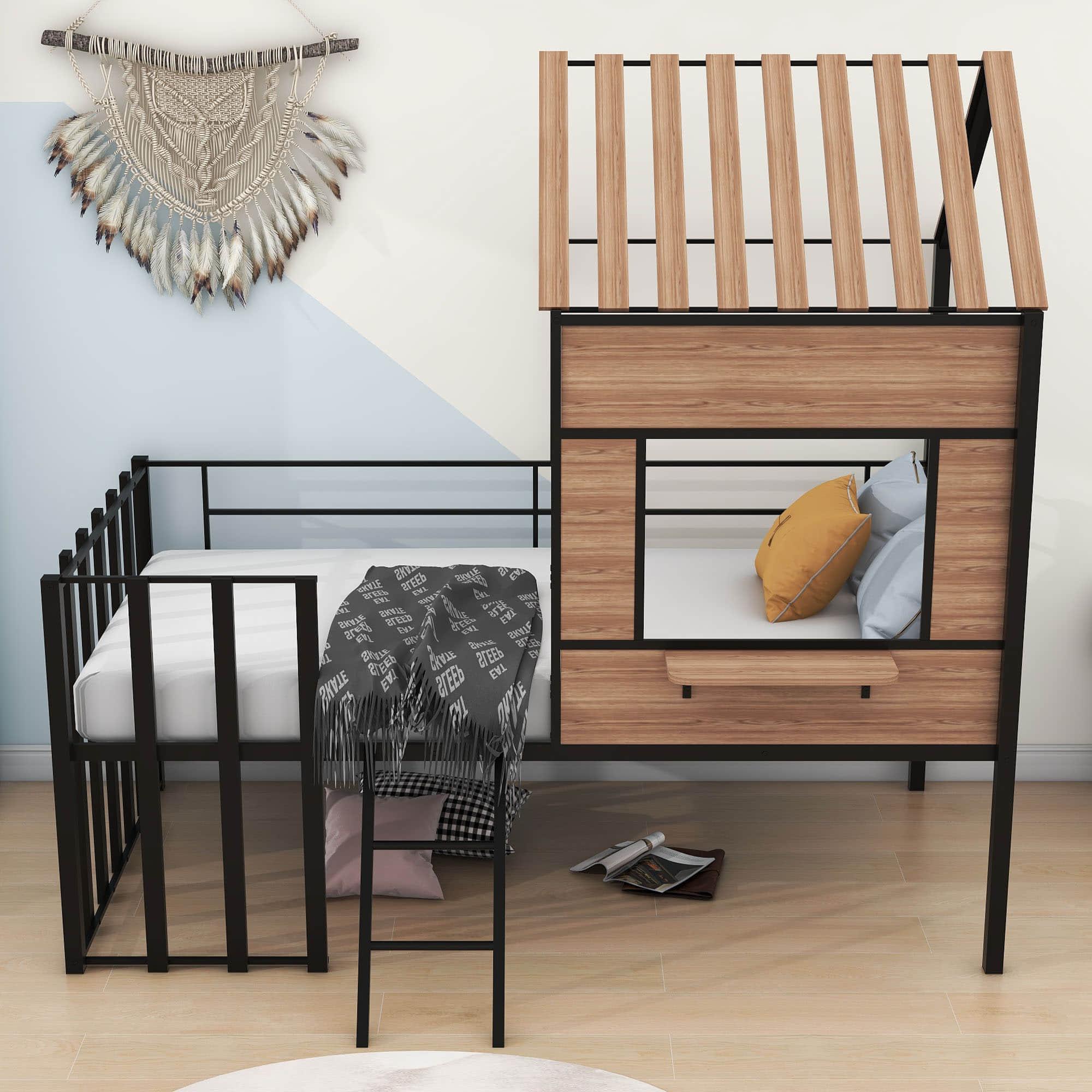 Kids Metal Low Twin Tree House Loft Bed with Window, Roof