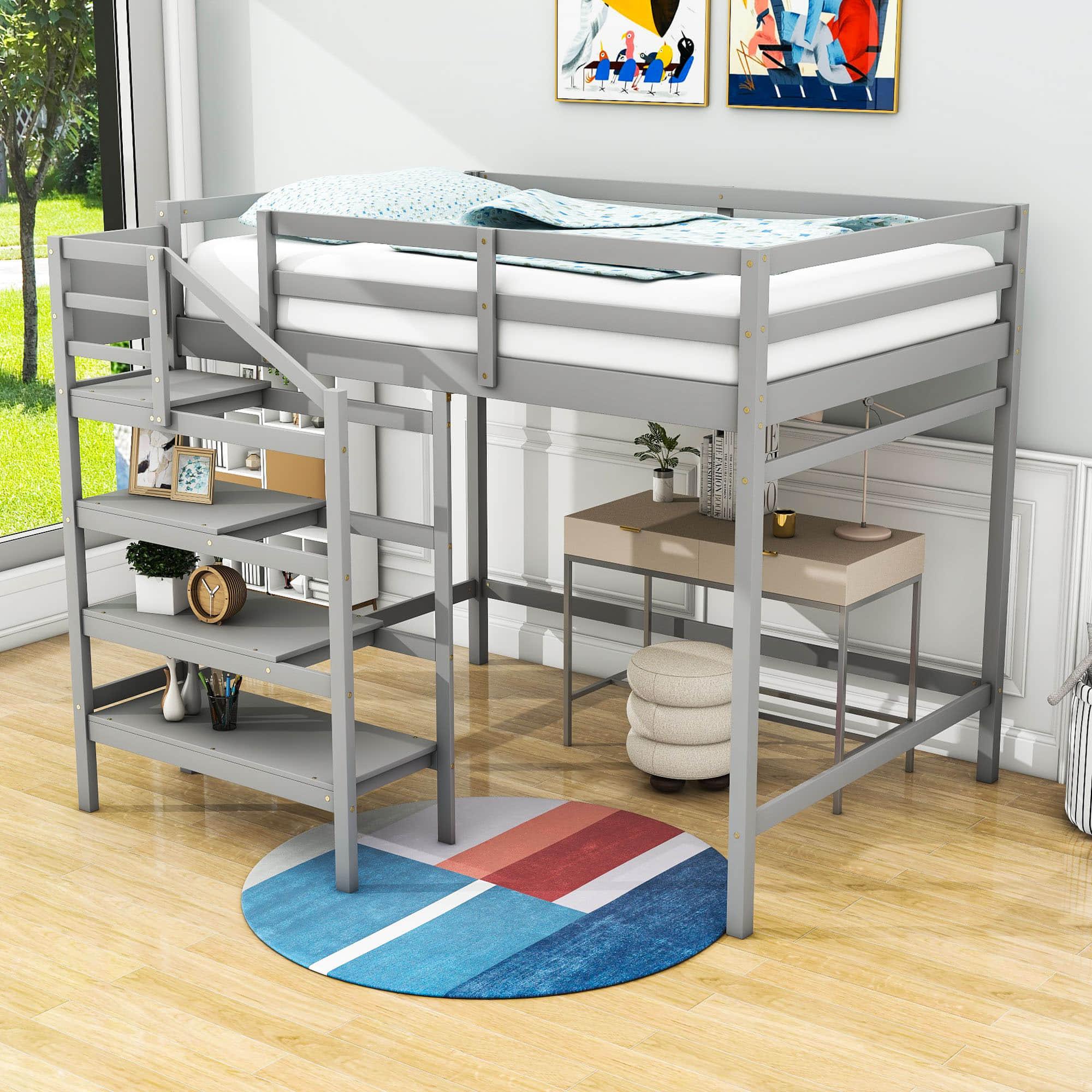 Full Size Loft Bed with Stairs and Clothes Hanger for Adults, Teens