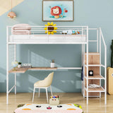 Twin Size Metal Loft Bed with Desk and Stairs, Storage Wardrobe