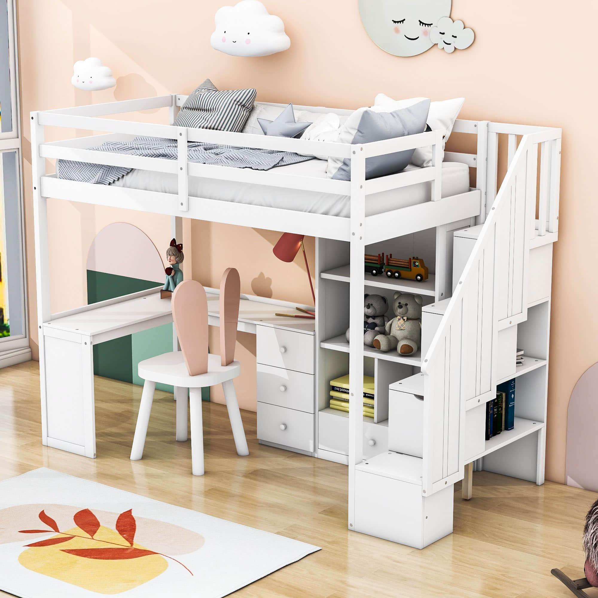 Twin Loft Bed with Desk and Stairs, Storage for Kids, Teens - [Wood]