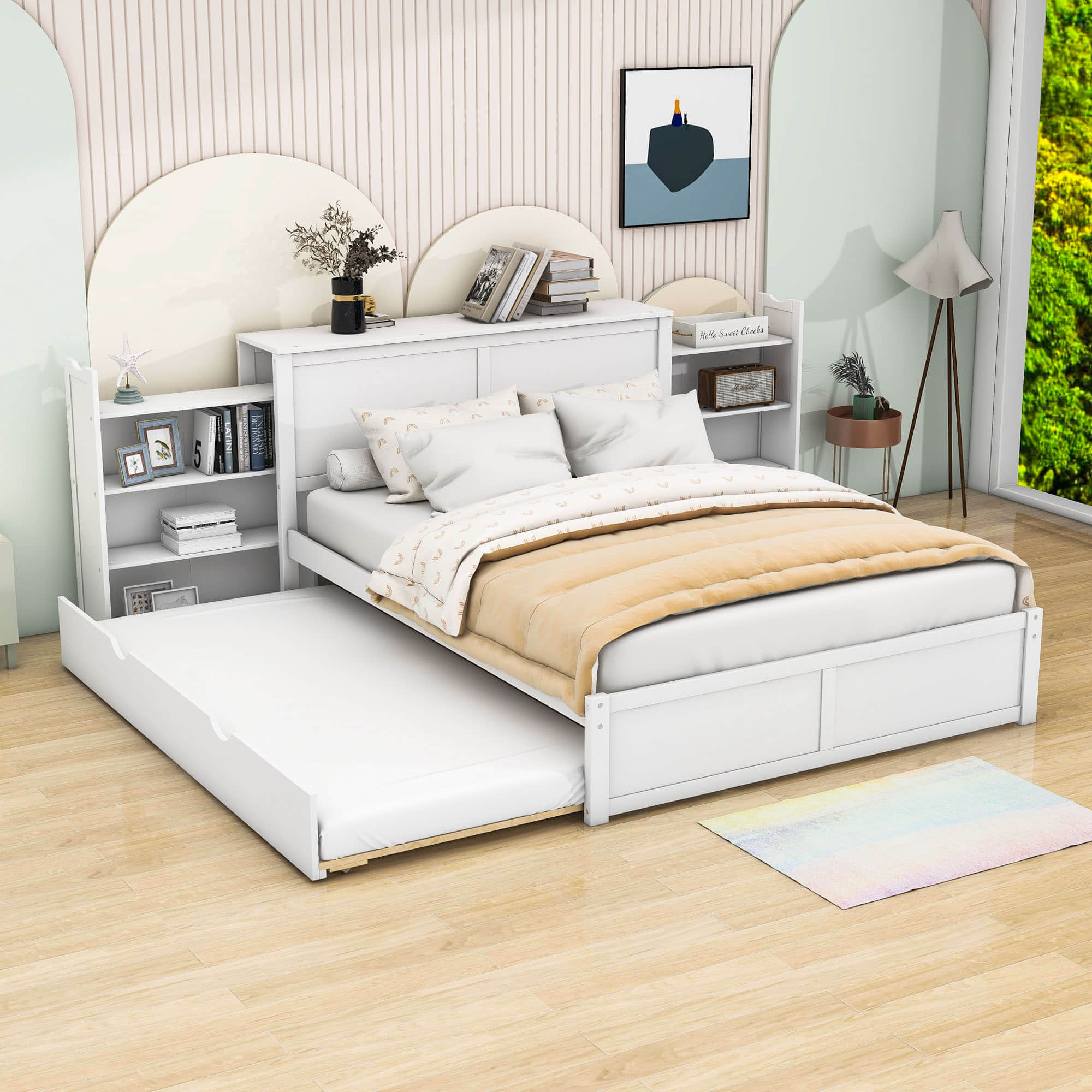 Queen Platform Bed Frame with Pull Out Shelves and Twin XL Trundle