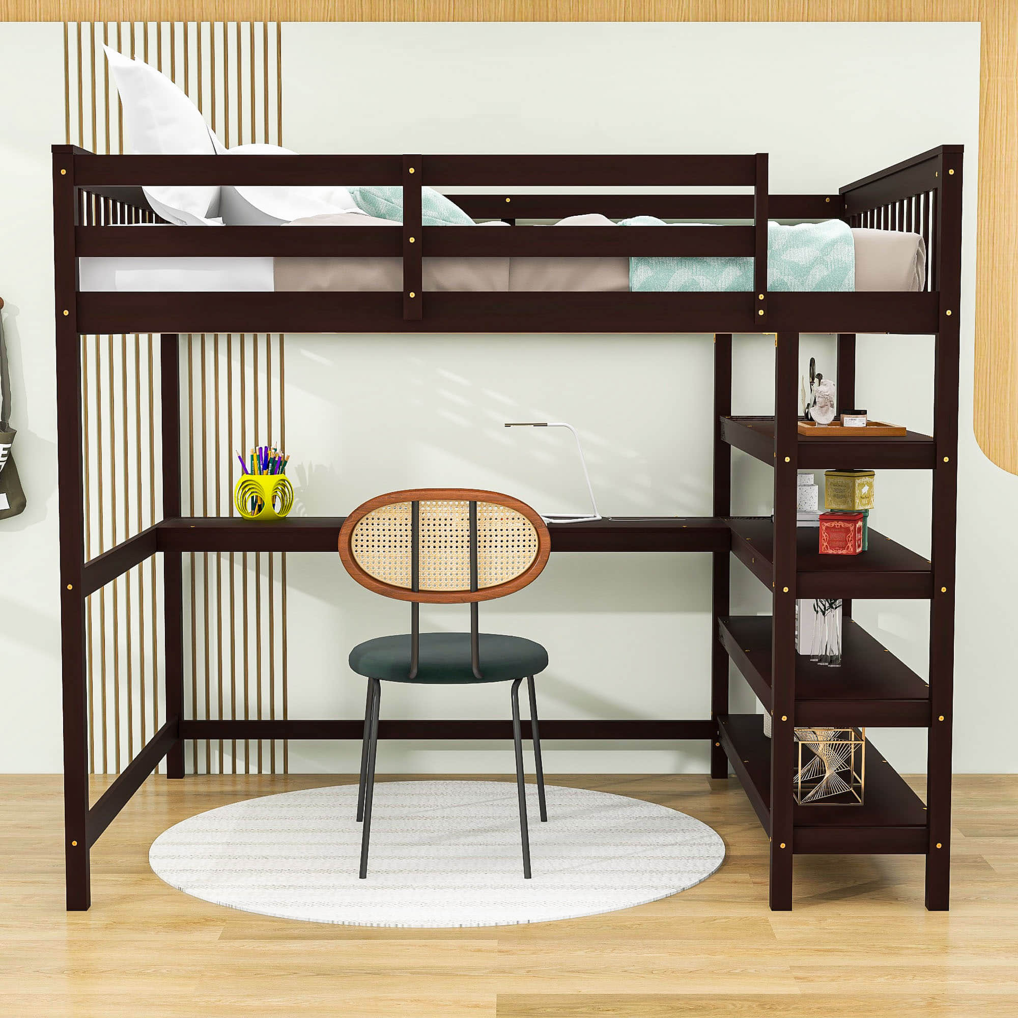 Full Size Loft Bed with Desk and Storage Shelves for Adults, Kids