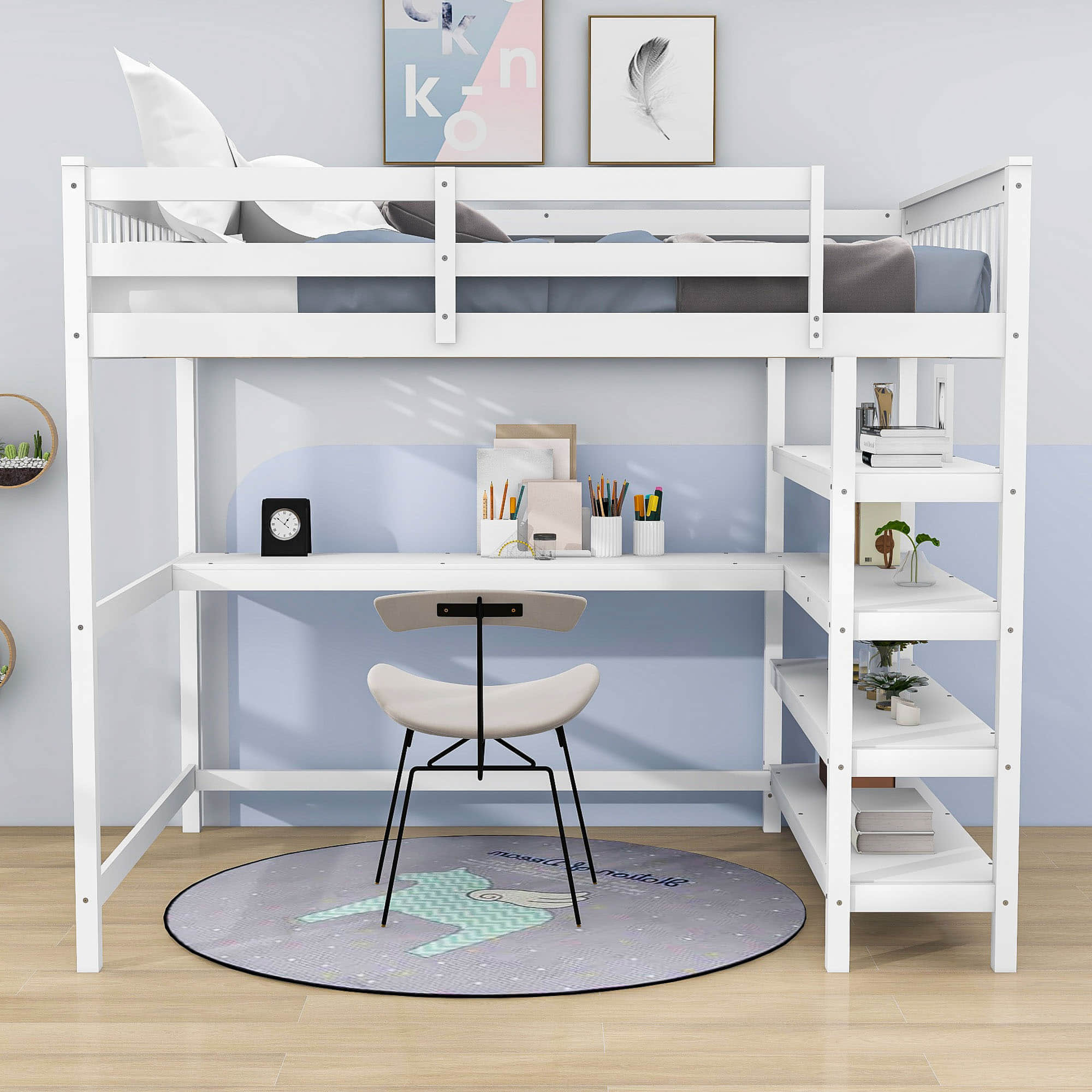 Full Size Loft Bed with Desk and Storage Shelves for Adults, Kids