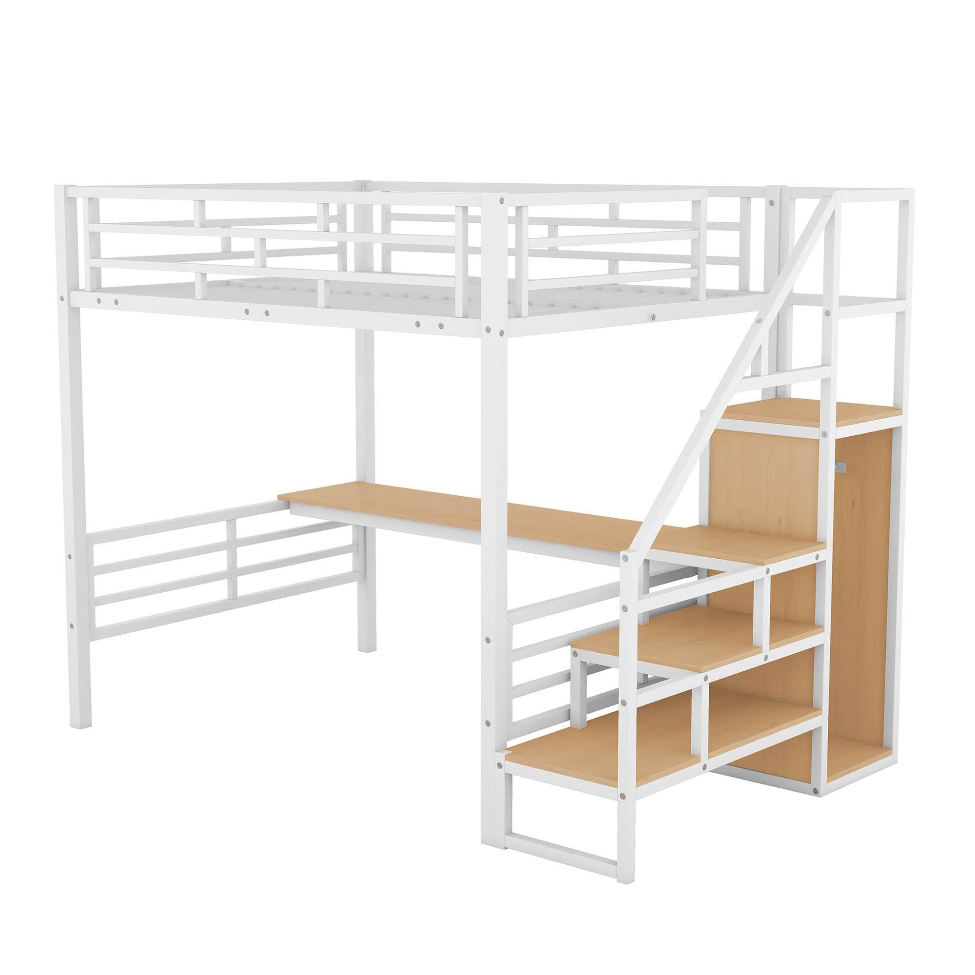 Full Size Loft Bed with Desk and Storage Stairs for Kids, Adult - [Wardrobe, Convertible]