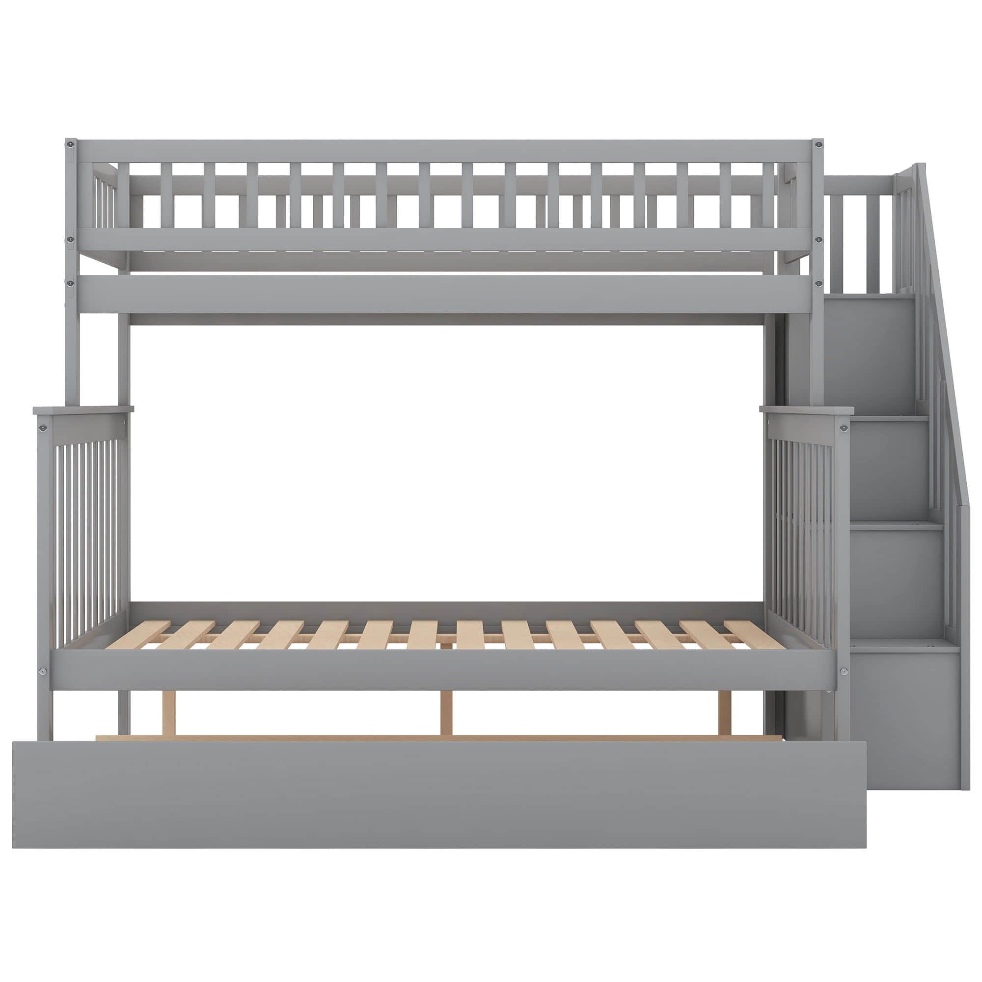 Wooden Twin Over Full Bunk Bed with Stairs and Trundle, Storage Shelves