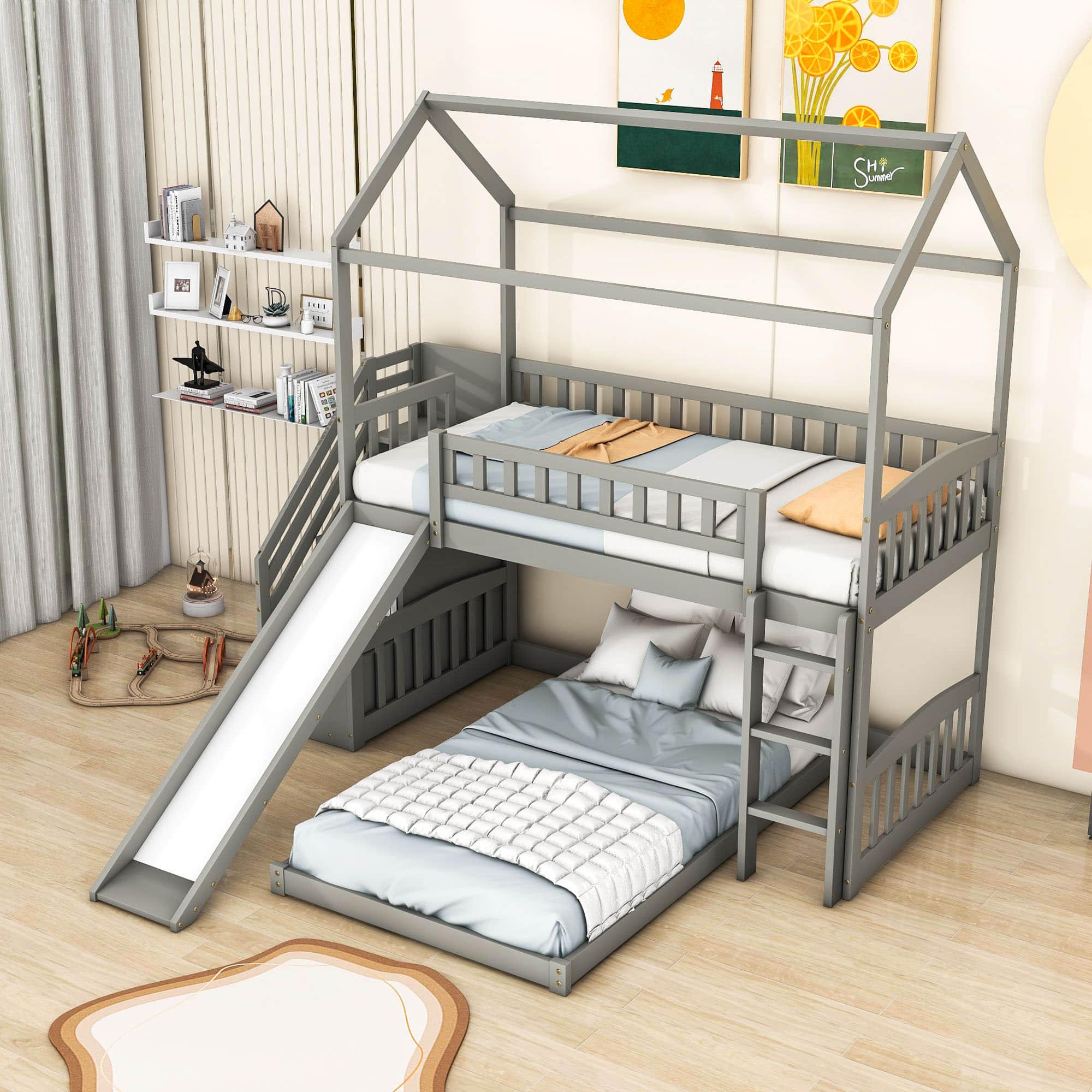 Floor Twin Bunk Beds for Toddlers Kids with Stairs and Slide - [Wood]