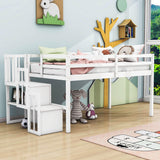 Wood Low Twin Loft Bed with Stairs and Storage for Kids, Toddler - [Shelves]