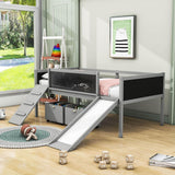 Low Kids Twin Loft Bed with Slide and Storage Boxes, Blackboard