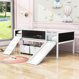 Low Kids Twin Loft Bed with Slide and Storage Boxes, Blackboard