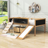 Low Kids Twin Loft Bed with Slide and Storage Boxes, Blackboard