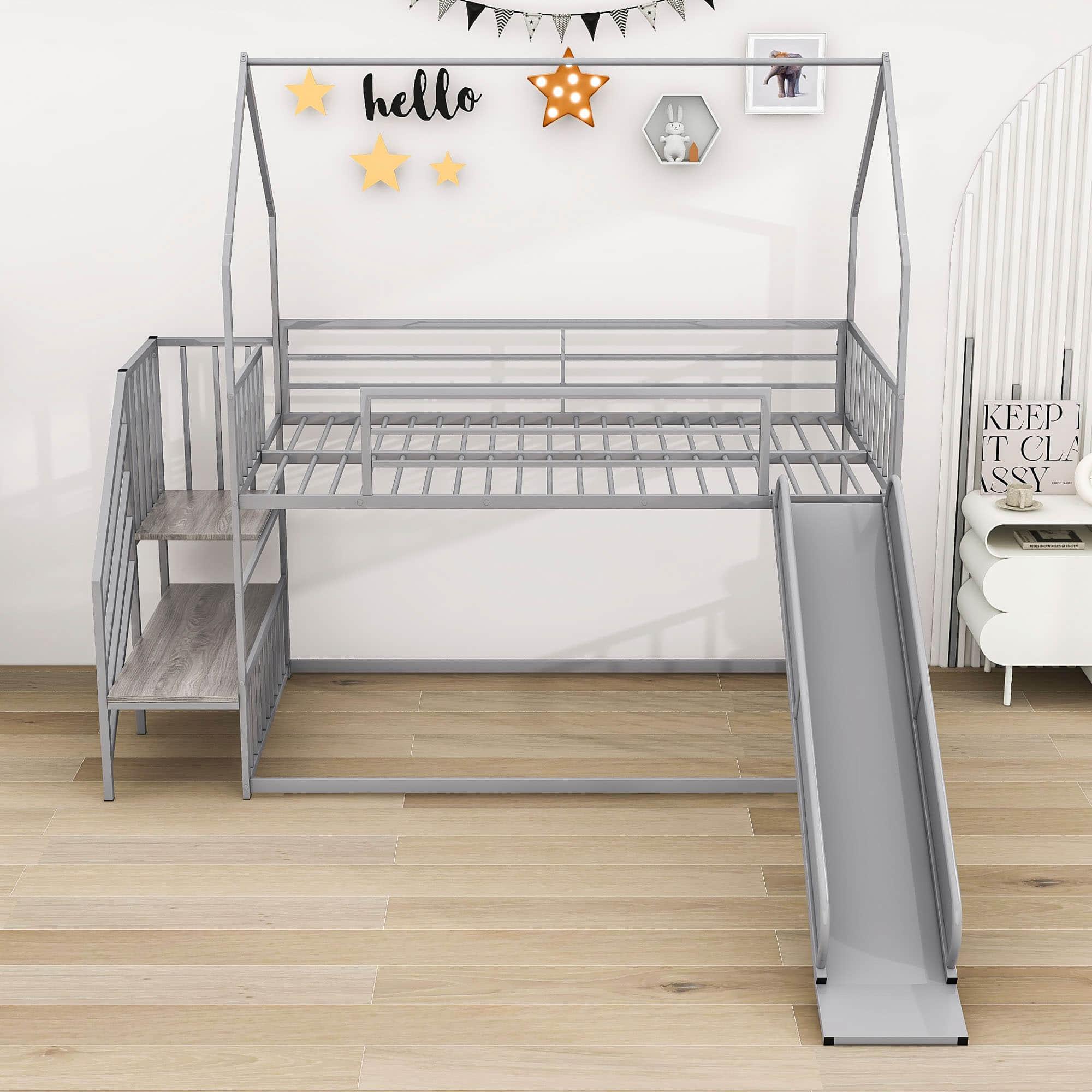 Metal House Twin Loft Bunk Beds for Kids with Stairs and Slide - [Low]