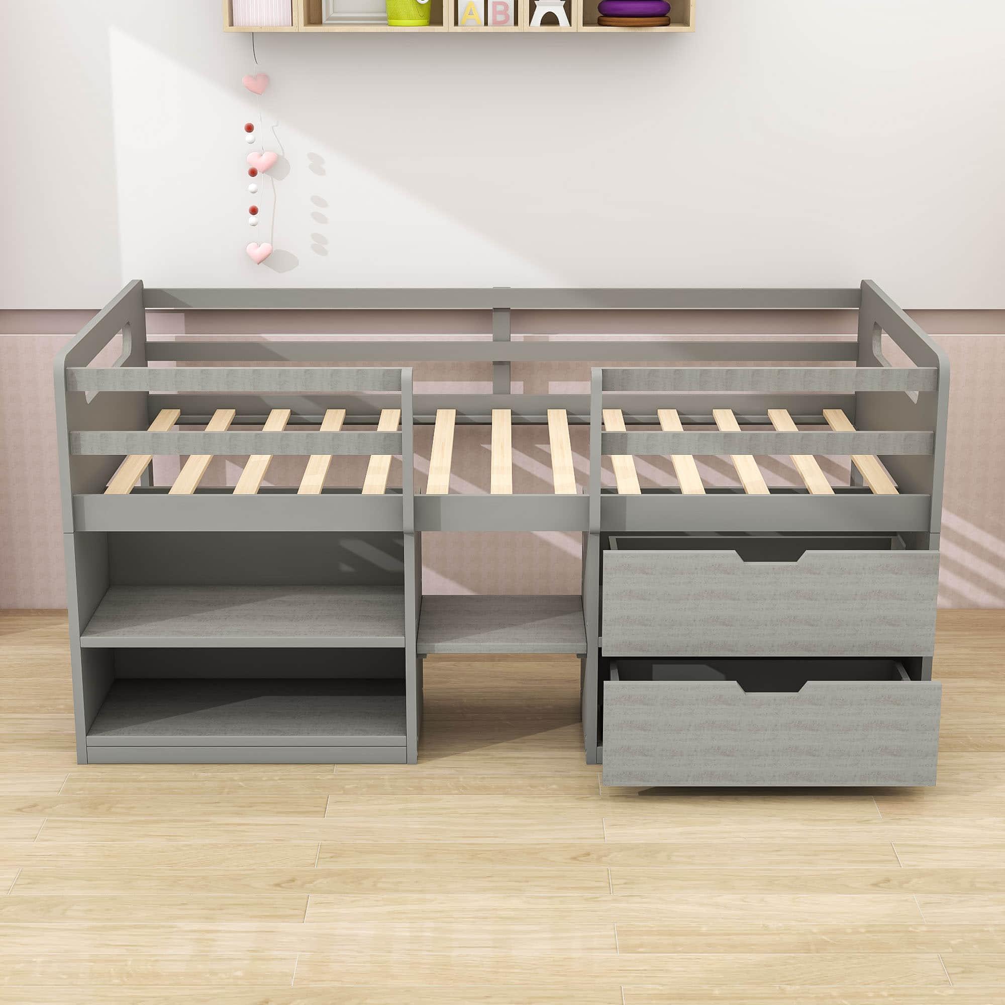 Modern Farmhouse Twin Low Montessori Loft Bed with Drawers and Shelves for Kids