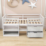 Modern Farmhouse Twin Low Montessori Loft Bed with Drawers and Shelves for Kids