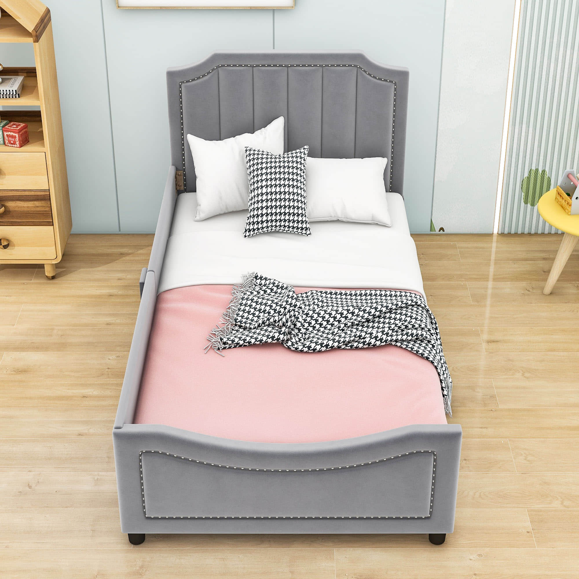 Cute Twin Low Profile Upholstered Toddler Nursery Bed with Rails