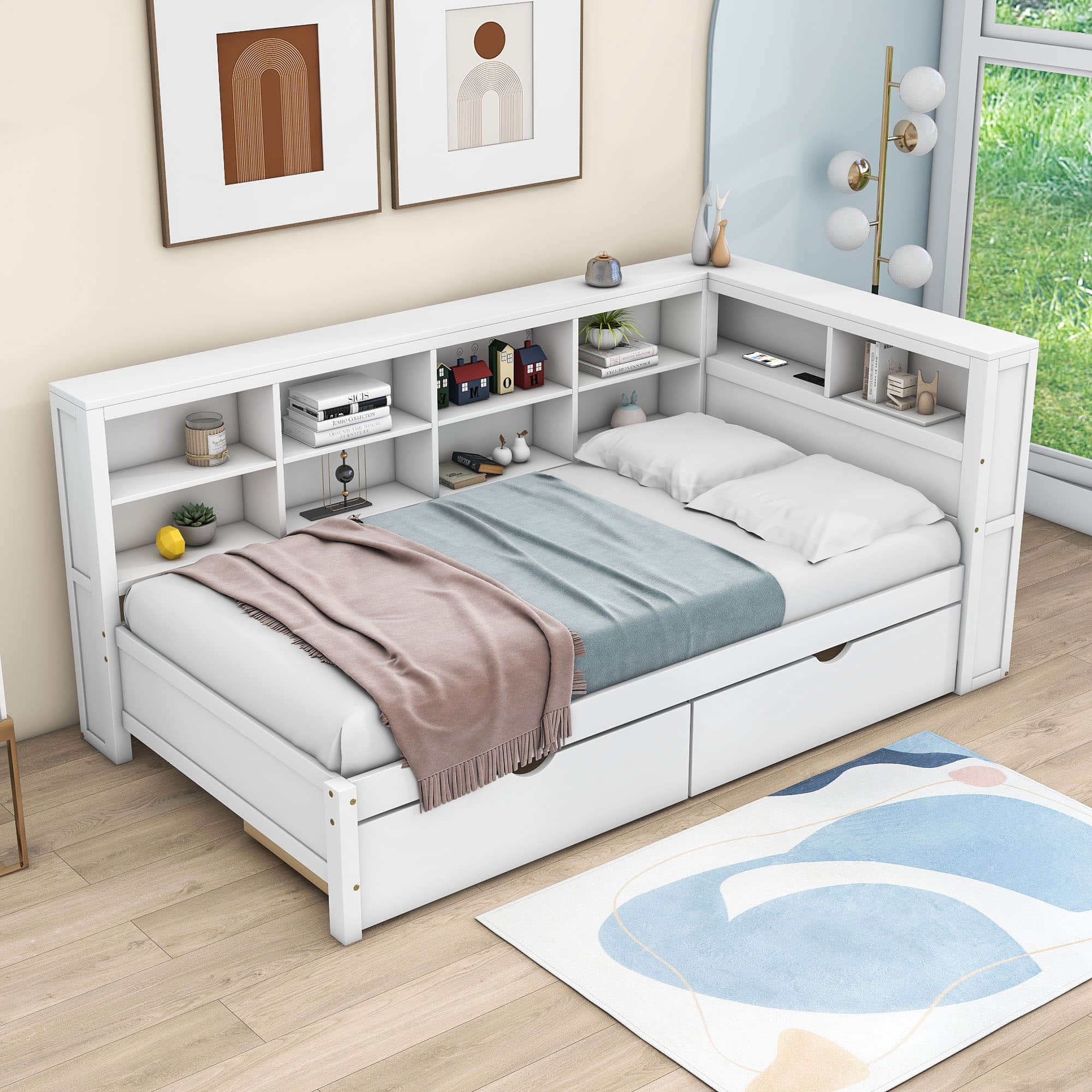 Modern Smart Kids Twin Size Daybed with Storage Drawers and Shelf