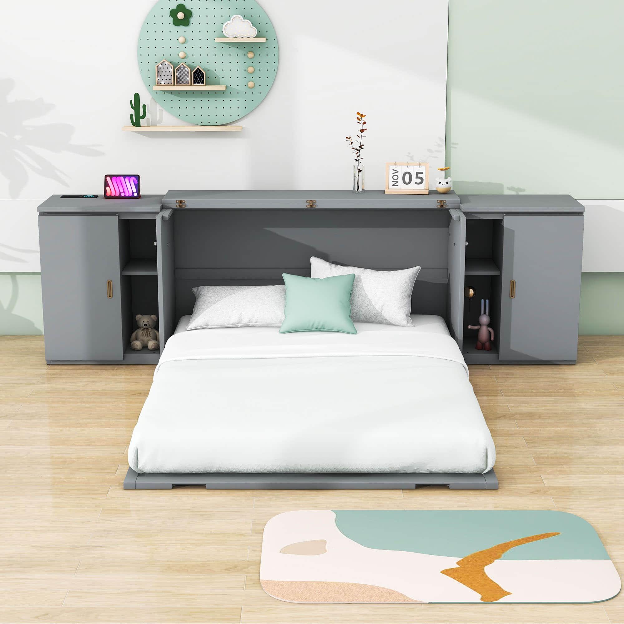 Wooden Modern Smart Floor Cabinet Bed Queen with Shelves - [USB Ports]