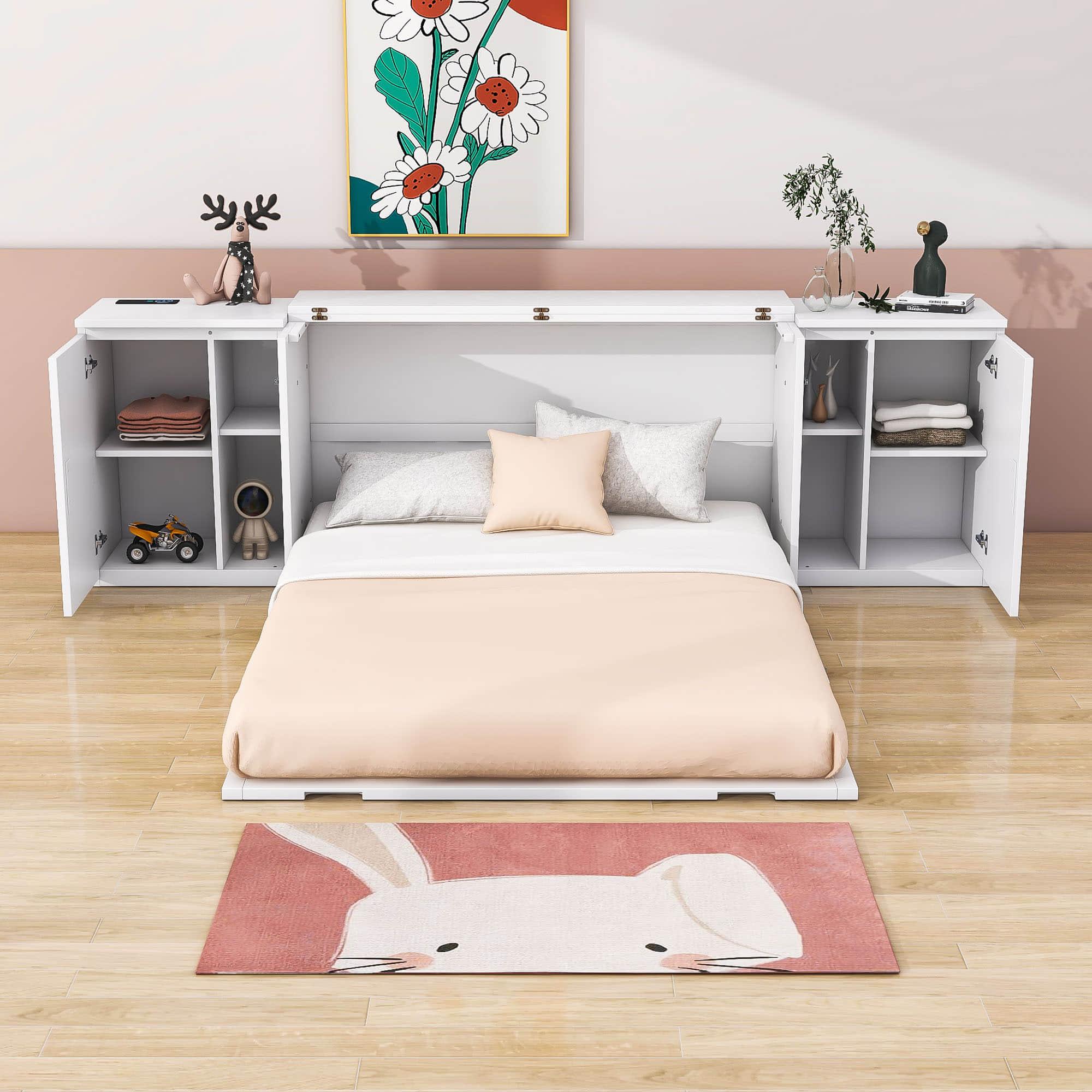 Wooden Modern Smart Floor Cabinet Bed Queen with Shelves - [USB Ports]