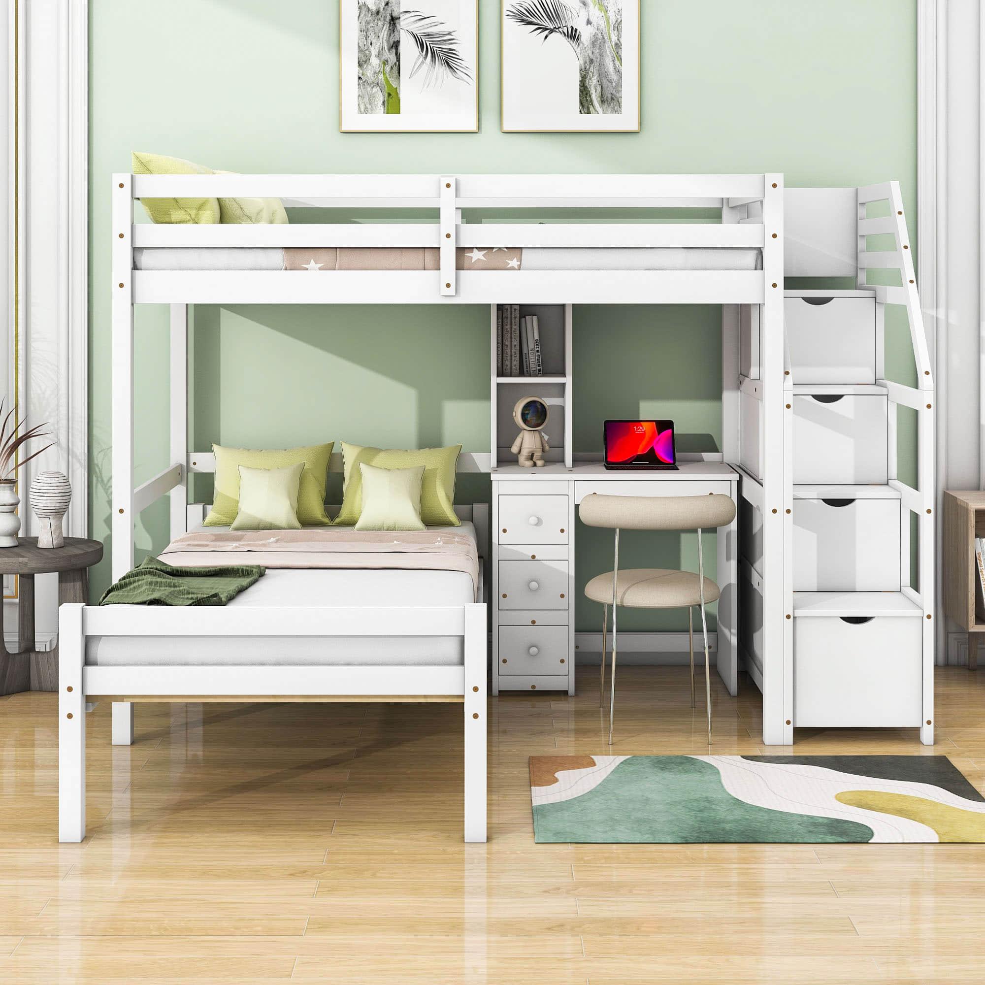 Twin Over Twin Bunk Beds with Desk and Storage Stairs - [Drawers, Shelves, L-Shaped]