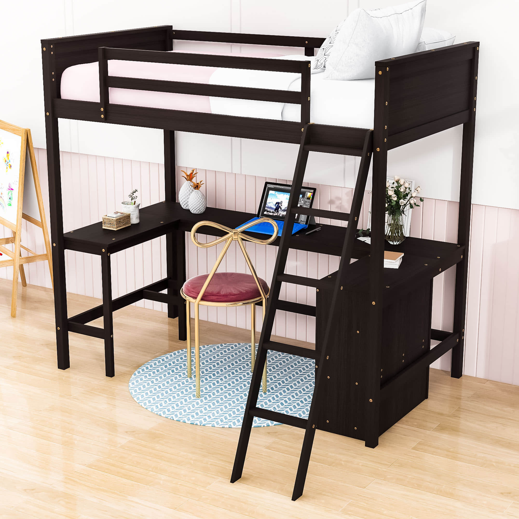 Wood Twin Size Loft Bed with Desk and Storage Shelves for Kids, Adult