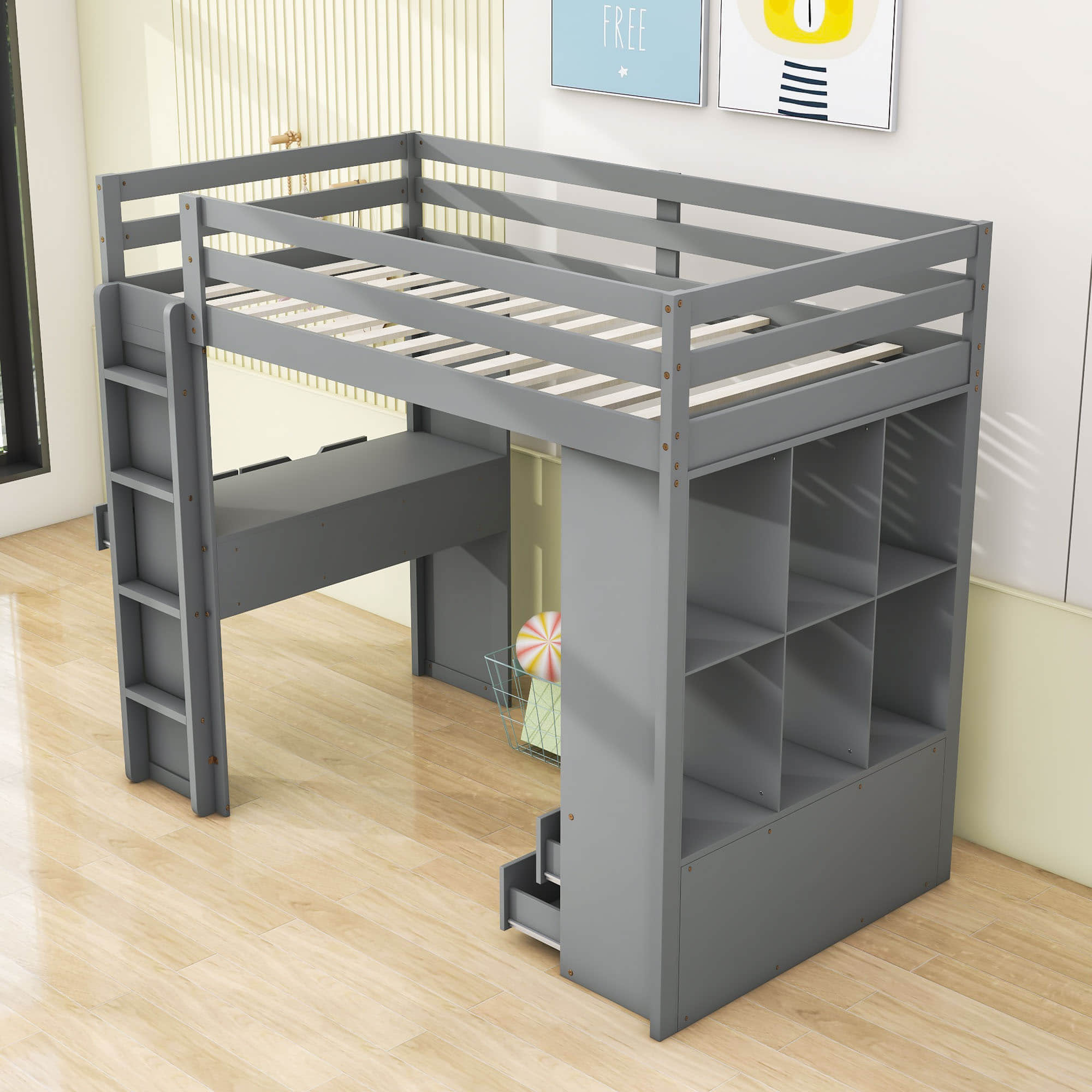 Modern Twin Loft Bed with Desk and Storage, LED Light for Adults, Teens